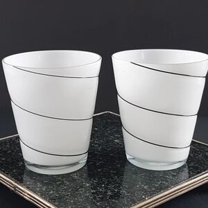Pair of White Cased Glass Water Glasses with Applied Black Glass Swirl, 12oz